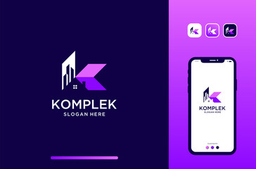 initial K combine with house and building logo design.