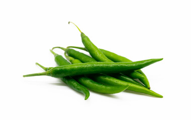 Fresh green chilies on white background