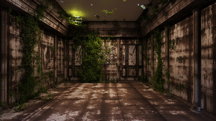 Hintergrund des schmutzigen, verlassenen klassischen Apokalypse-Raums mit Weinreben, 3D-Illustrations-Rendering