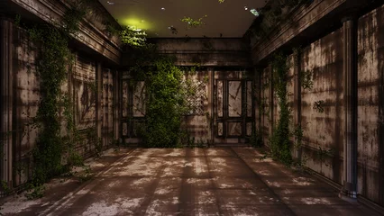 Foto op Plexiglas Oude verlaten gebouwen achtergrond van vuile verlaten apocalyps klassieke kamer met wijnstokken plant, 3D illustratie rendering
