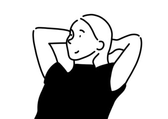 頭の後ろで腕を組んで、リラックスしている女性。