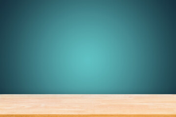 Abstract Natural wood table texture with deep blue gradient wall background : Top view of plank wood for graphic stand product, interior design or montage display your product