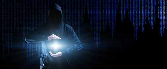 Cyber security hacker concept. Internet web hack technology. Blurred Hacker man hand isolated on black with flare ray flash effect. Data protection, secured internet access, cybersecurity. © Maksym
