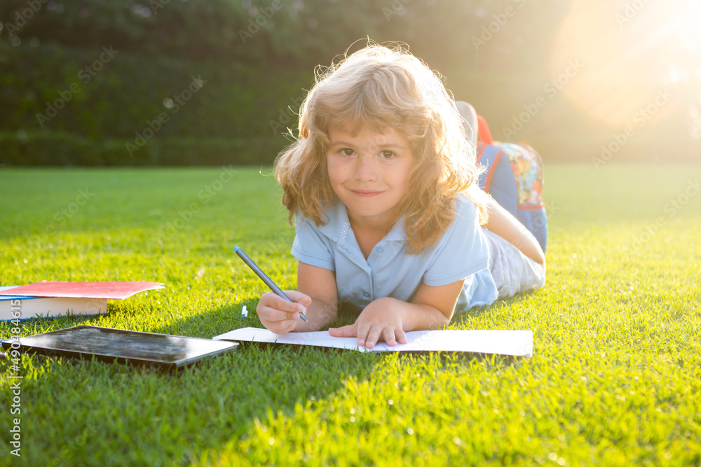 Poster cute boy writing notes in copybook laying on grass on the meadow. child reading a book in the summer