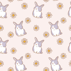 Seamless Pattern with Hand Drawn Rabbit and Flower Design on Light Pink Background