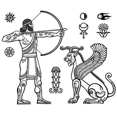Image of the ancient archer and mythical animal. Full growth. Black and white drawing based on motives of Sumerian art, isolated on a white background. Space symbols. Vector illustration.