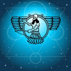 Ancient Assyrian winged deity. Character of Sumerian mythology. Esoteric symbol, sacred geometry. A background - the night star sky. Vector illustration.