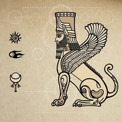 Fantastic Assyrian sphinx. Background - imitation of old paper. Vector illustration.