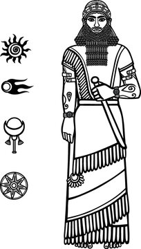Image of the Assyrian man. Sumerian king. Full growth. Set of space solar symbols.The linear drawing isolated on a white background.