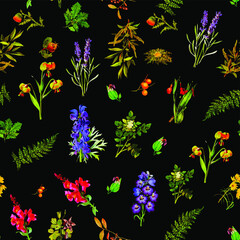 Obraz premium Beautiful repeated Seamless flower garden theme pattern with another floral, botanical and leaf image assets, fall, t-shirts, texture perfect for mugs, fabrics, packaging, POD etc free Vector