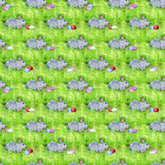 Seamless pattern with grey rabbits and Easter eggs on unfocused green grass. Easter concept, square framing