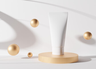 White and blank, unbranded cosmetic cream tube standing on golden podium with flying spheres. Skin care product presentation on white background. Luxury mockup. Tube with copy space. 3D rendering.