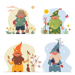 Fototapeta premium Funny cartoon gardener dwarf with a watering can. Children vector illustration.