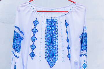 Ukrainian embroidered elements, concept of ethnic clothes, fashion details