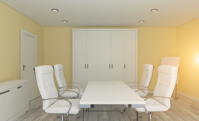 Modern office building interior. 3D rendering.. Sunset.