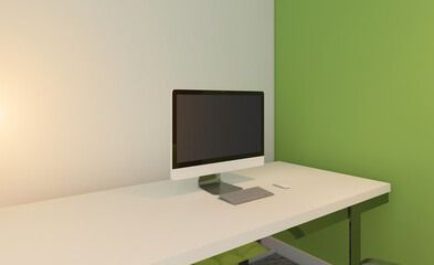 Open space office interior with like conference room. Mockup. 3D rendering.. Sunset.