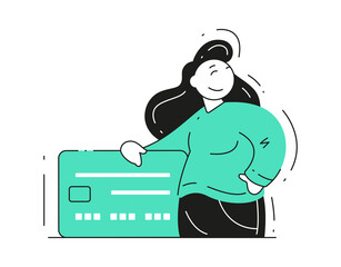 Happy woman banking customer with credit card personal bank account concept vector flat illustration. Female financial service client e business user protection payment bill information isolated