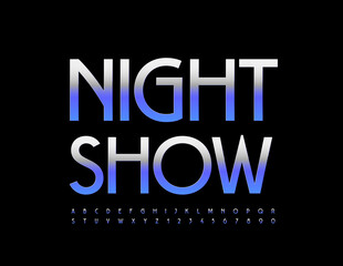 Vector bright Banner Disco Show. Elegant Silver Font. Trendy Alphabet Letters and Numbers