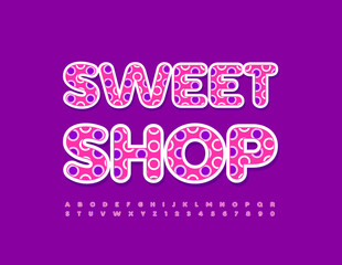 Vector business logo Sweet Shop. Bright dotted Font. Cute pattern Alphabet Letters and Numbers set
