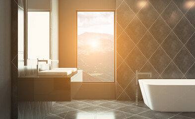 Fototapeta na wymiar Spacious bathroom, clean, beautiful, luxurious, bright room. 3D rendering.. Sunset.