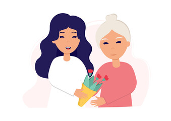 Daughter gives mother flowers. Young woman hug her old mother. Vector illustration in flat style for mother's day.