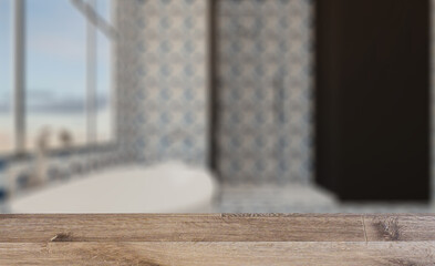 Scandinavian bathroom, classic  vintage interior design. 3D rend. Background with empty table. Flooring.