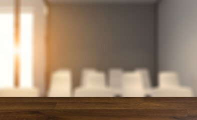 Modern meeting room. 3D rendering.. Sunset.. Background with empty table. Flooring.