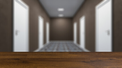 The Corridor in office building. 3D rendering. Background with empty table. Flooring.