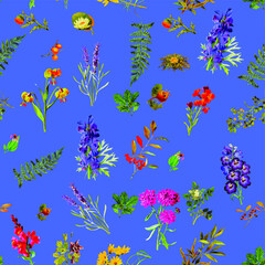 Fototapeta na wymiar Beautiful repeated Seamless flower garden theme pattern with another floral, botanical and leaf image assets, fall, t-shirts, texture perfect for mugs, fabrics, packaging, POD etc free Vector