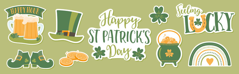 Set of St Patricks Day vector icon sticker designs for posters, invitations, menus, web design, social media