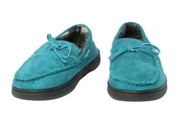 Slippers isolated. Close-up of a pair of female blue soft cosy terry house slippers isolated on white background.  Womans shoes. Macro.