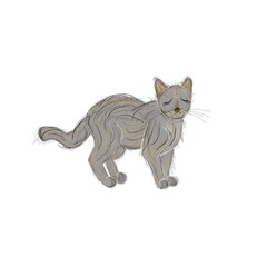 Gray fluffy cat with closed eyes. Cute kitty basking in the sun. Kids design illustration on white background. Animal for children stickers, nursing, greeting, toys. Isolated.