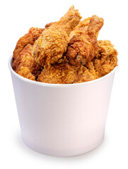 Fried chicken in paper bucket isolated on white background, Fried chicken on white With clipping path.