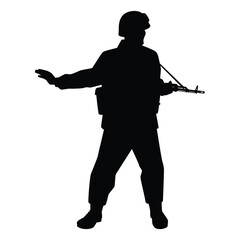 Soldier with rifle gun in war silhouette vector, military man in the battle.