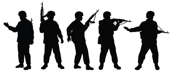 Soldier with rifle gun in war silhouette vector, military man in the battle.