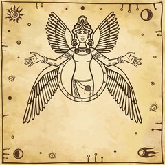 Stylized goddess Ishtar. Character of Sumerian mythology. A background - imitation of old paper. Vector illustration.