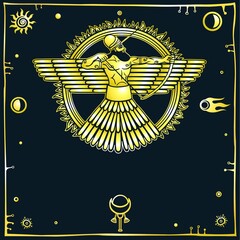 Image of an ancient deity. Winged archer. Black background, space symbols. Imitation of gold. Vector illustration.