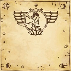 Vector illustration: Assyrian winged god. A place for the text. Imitation of old paper.