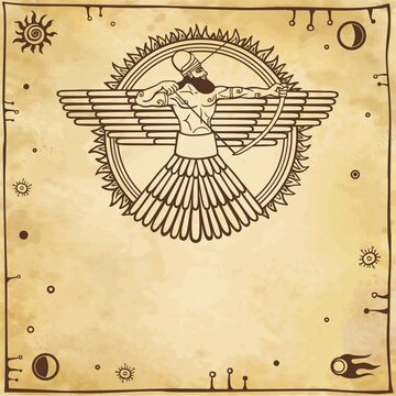 Image of an ancient deity. Winged archer. Background - imitation of old paper.Space symbols Vector illustration.