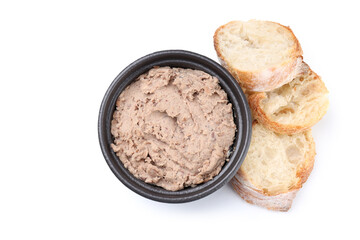 Bowl of pate and bread isolated on white background