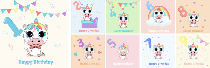 Obraz premium Birthday card set with cute unicorn and balloons in the form of numbers.