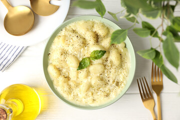 Concept of tasty food with gnocchi, top view