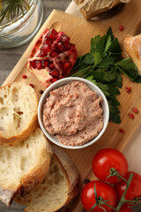 Concept of tasty food with pate, top view