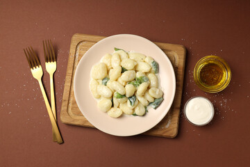Concept of tasty food with gnocchi, top view