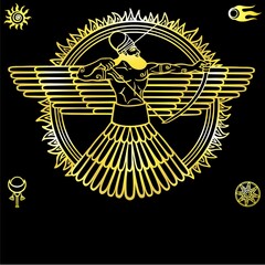 Image of an ancient deity.Set of esoteric symbols.  The yellow  drawing isolated on a black background. Gold imitation. Vector illustration.