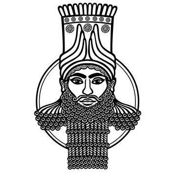 Portrait of the Assyrian man. Character of Sumer mythology. Isolated on a white background.