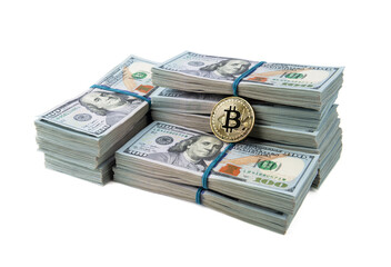 Gold bitcoin coin of dollar bills isolated on white background cryptocurrency mining concept.