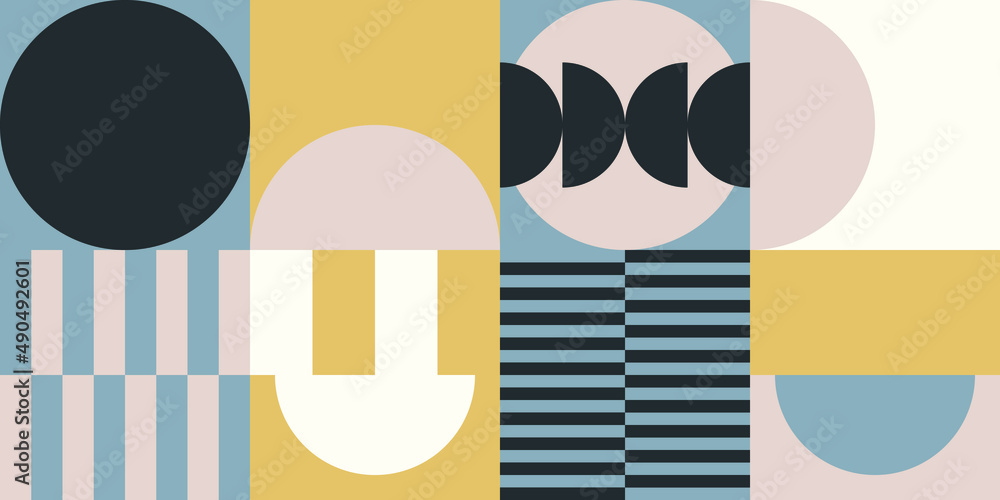 Poster Modern vector abstract  geometric background with circles, rectangles and squares  in retro scandinavian style. Pastel colored simple shapes graphic pattern. Abstract mosaic artwork.