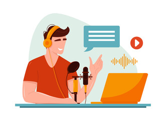 Podcast concept. A handsome man is recording a podcast on his laptop. Vector illustration in flat style.