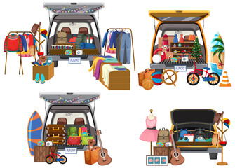 Flea market concept with set of different car boot sales
